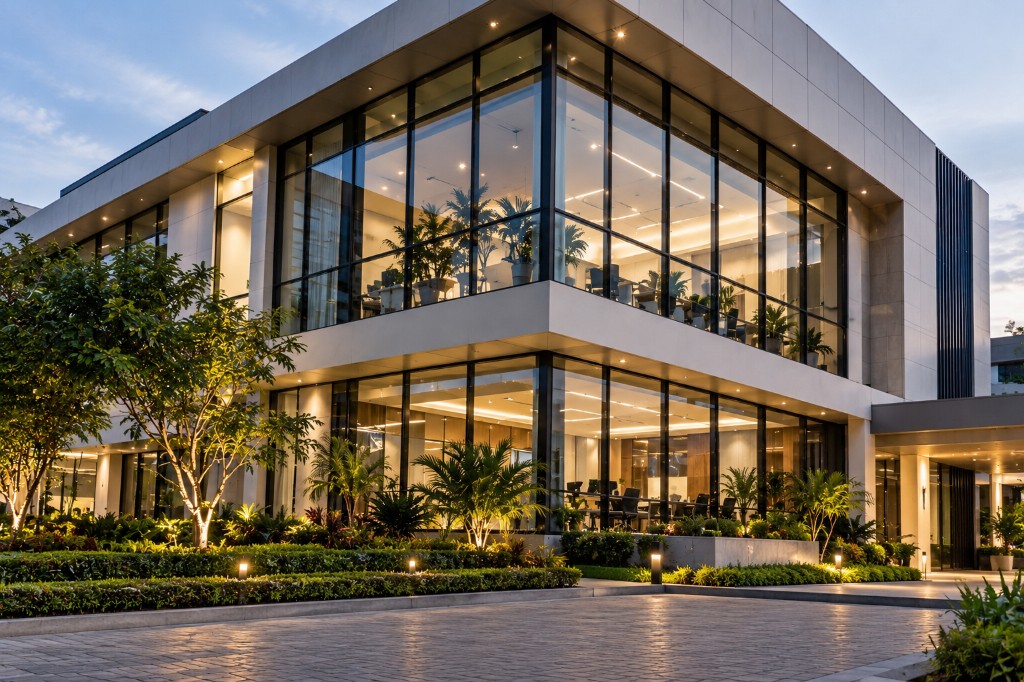 A contemporary glass office with gardens at dusk