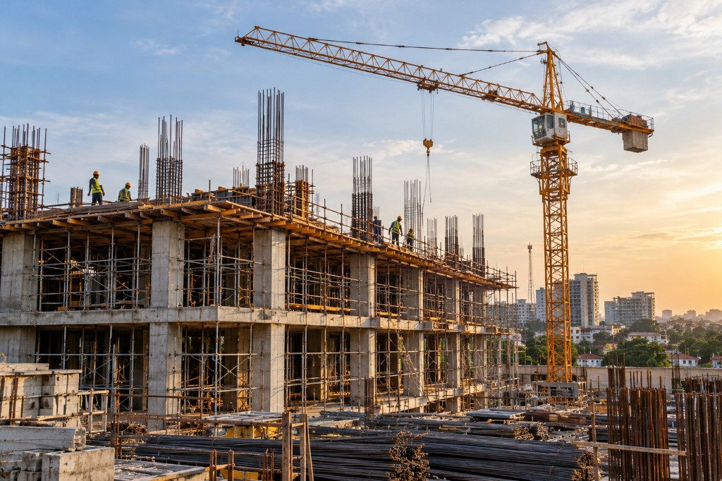 A construction site with a tower crane