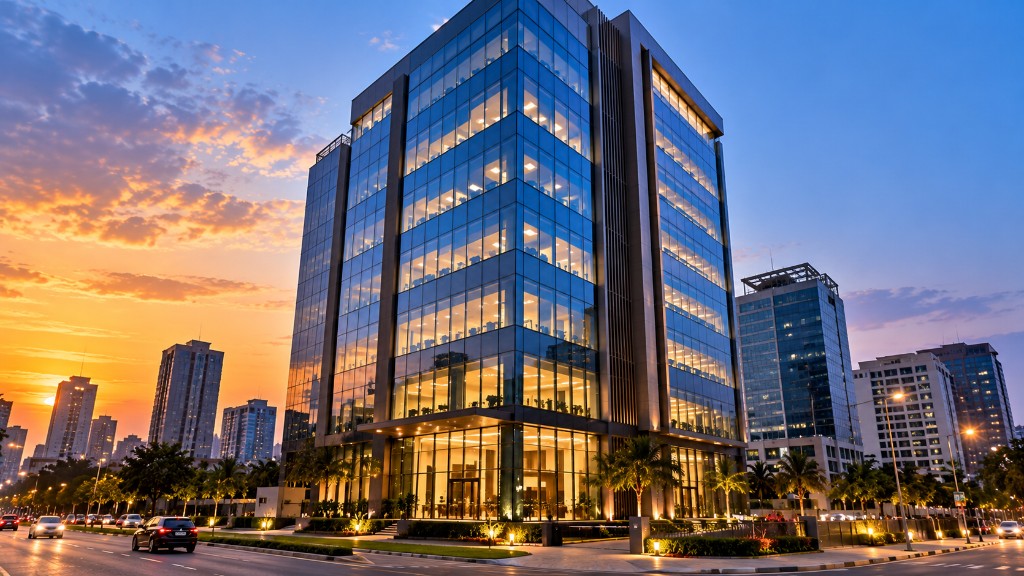 A glass office tower at sunset