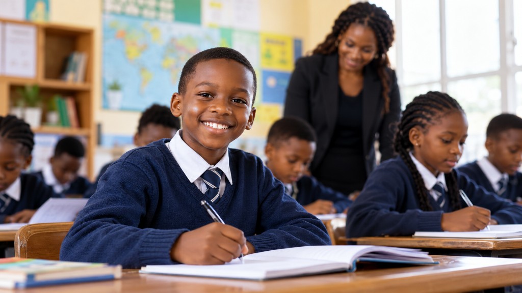A student at a desk in a bright classroom