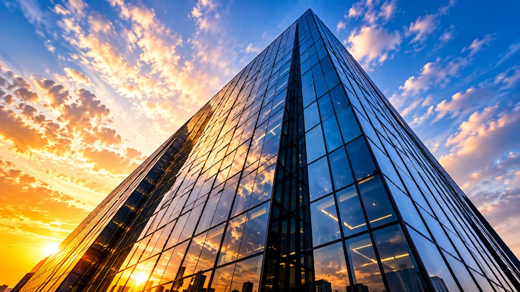 Glass office tower rising into a sunset sky