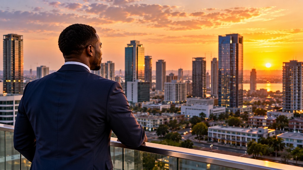 An executive looking over a city skyline at sunset