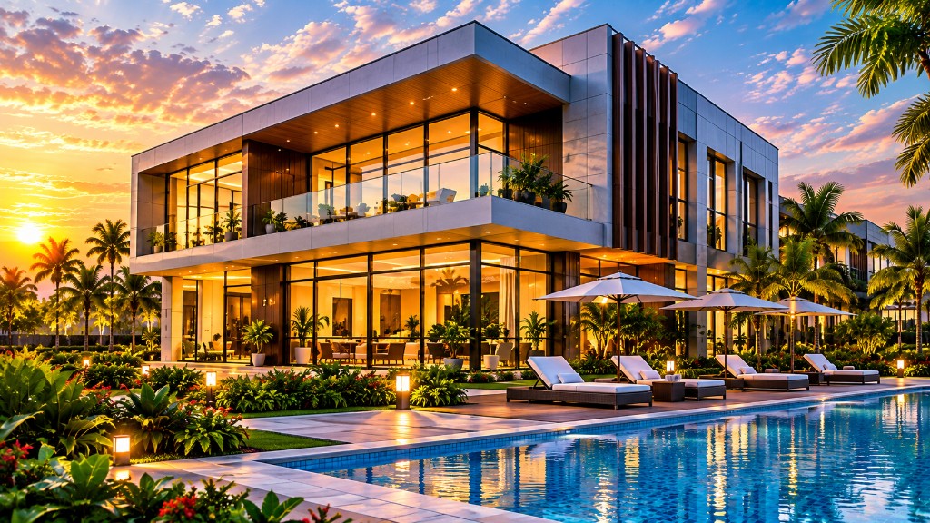 A contemporary home beside a swimming pool and lounge at sunset