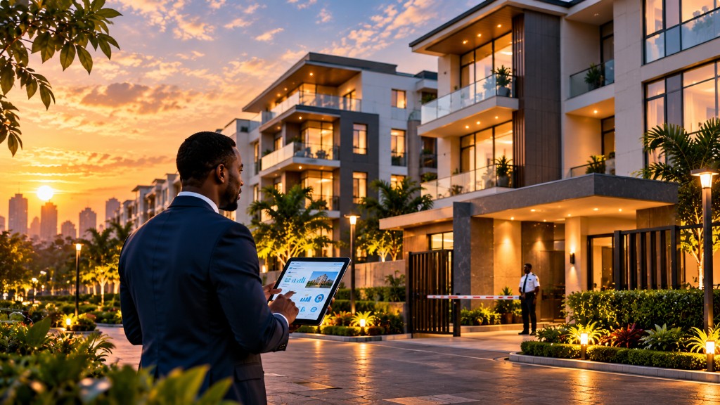 A property professional reviewing a residential community at sunset