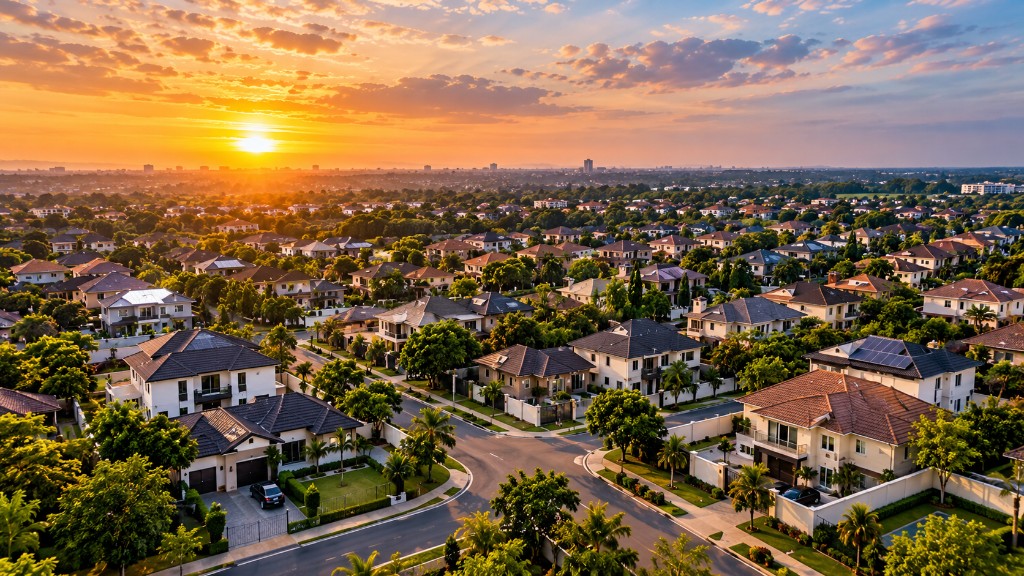 A residential neighbourhood of houses at sunset
